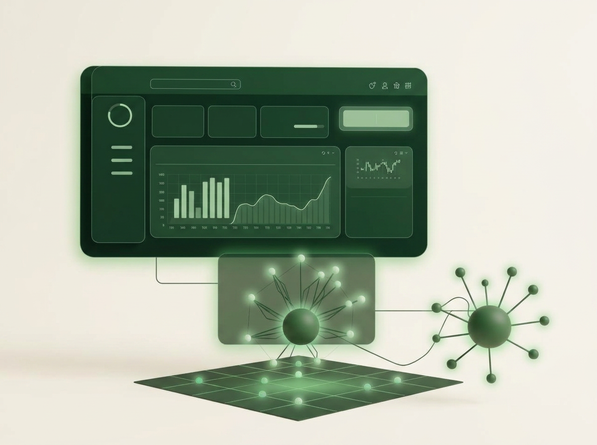 Abstract dark visualisation of layered application interfaces connected to an AI node cluster