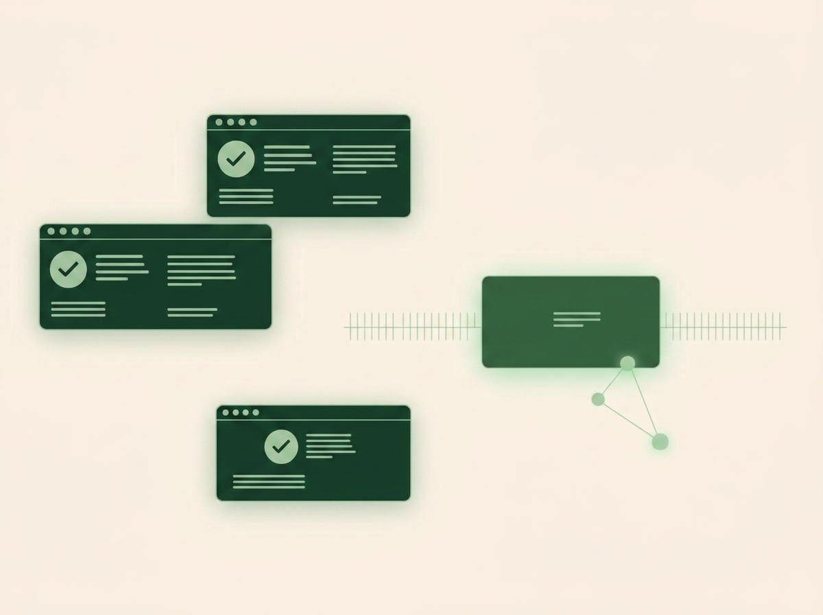 Abstract dark visualisation of parallel test runs with pass indicators and a check node graph